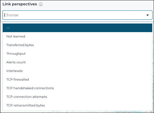 Dropdown menu for selecting link perspectives in a network graph, showing options such as inbound, outbound, and all traffic types.