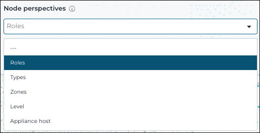Dropdown menu for selecting node perspectives in a network graph, including options like alerts, assets, and vulnerabilities.