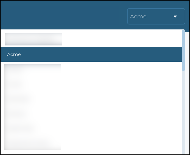 Organizations menu with the organization Acme selected in the list