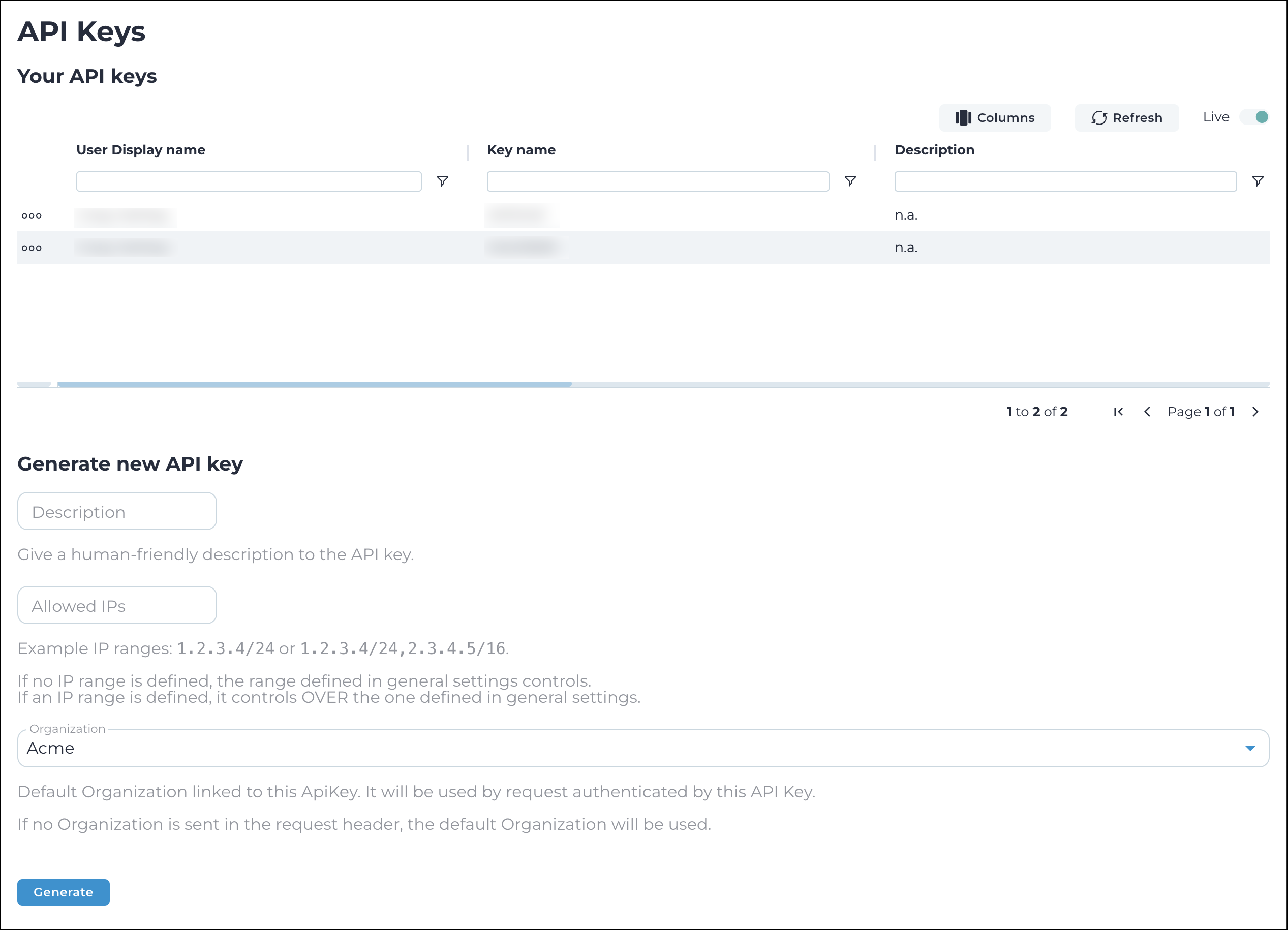 API Keys page