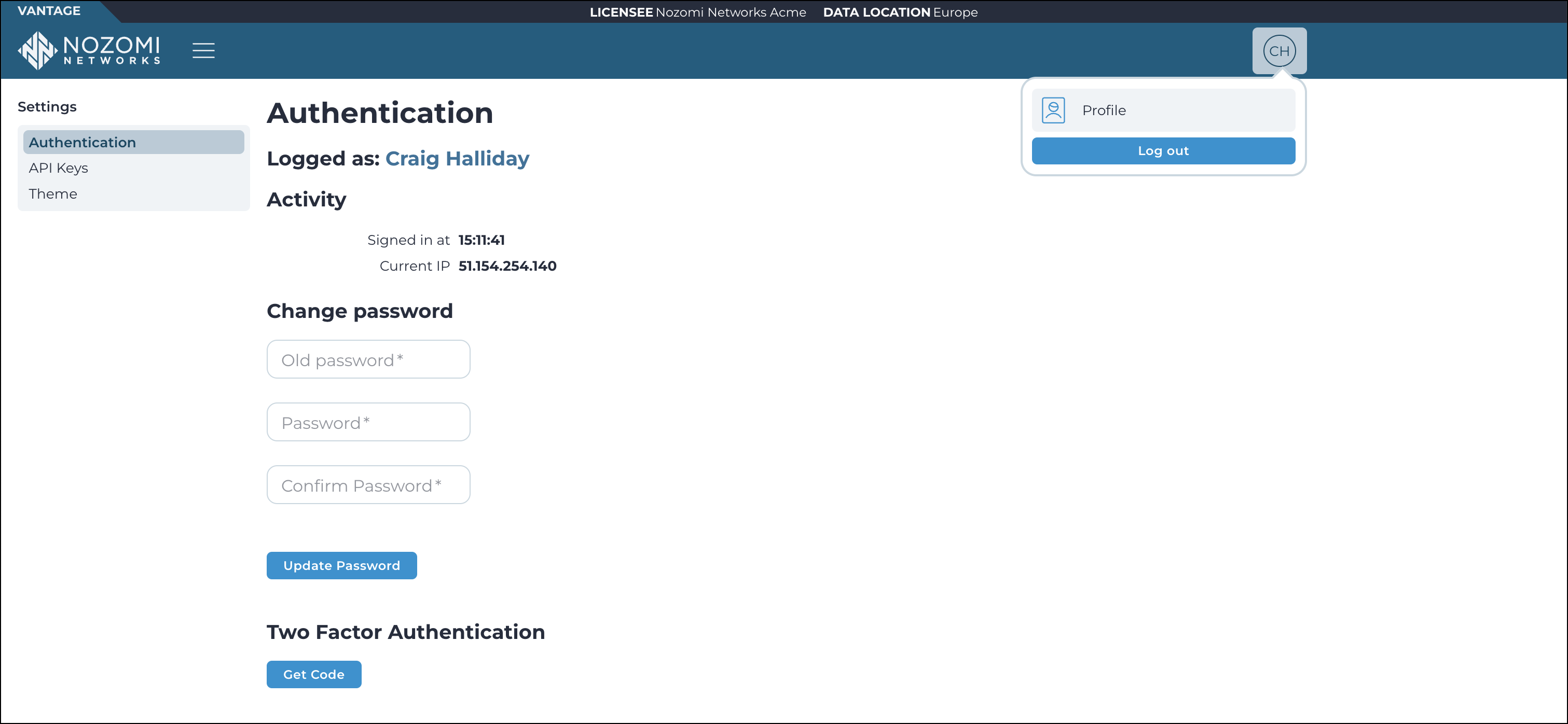 Profile settings menu