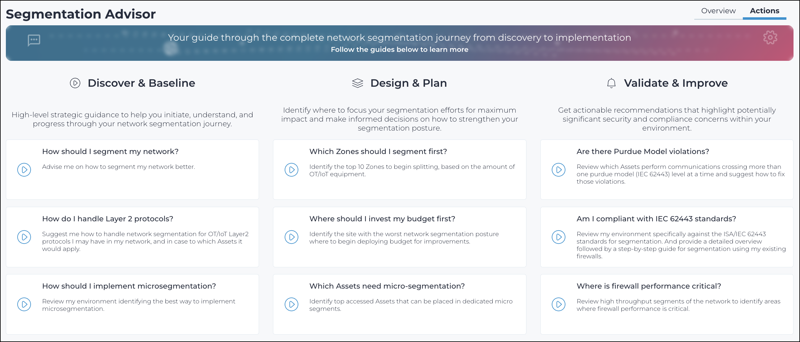 Segmentation Advisor Actions tab showing three phases of the segmentation journey