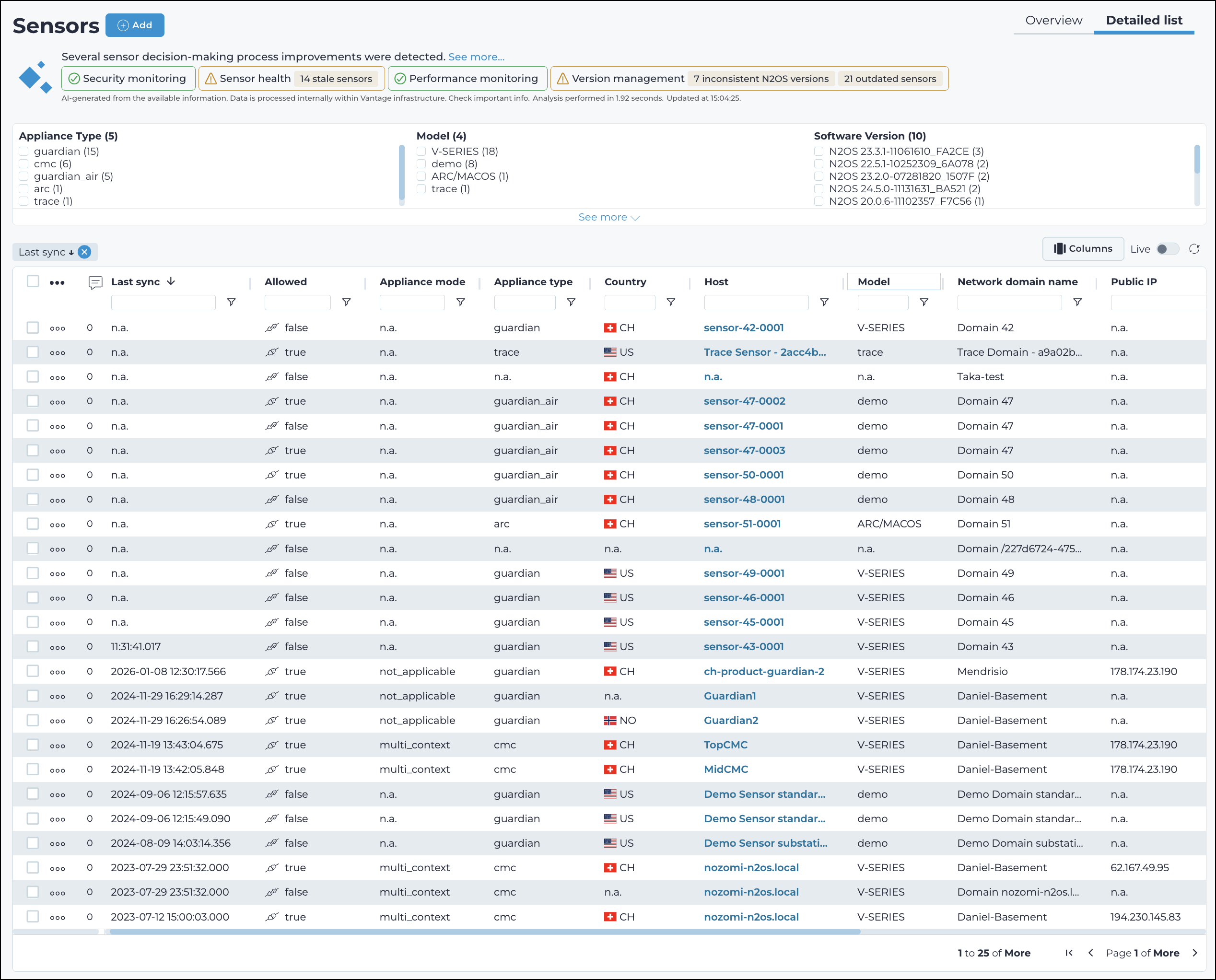 Sensors detailed list tab