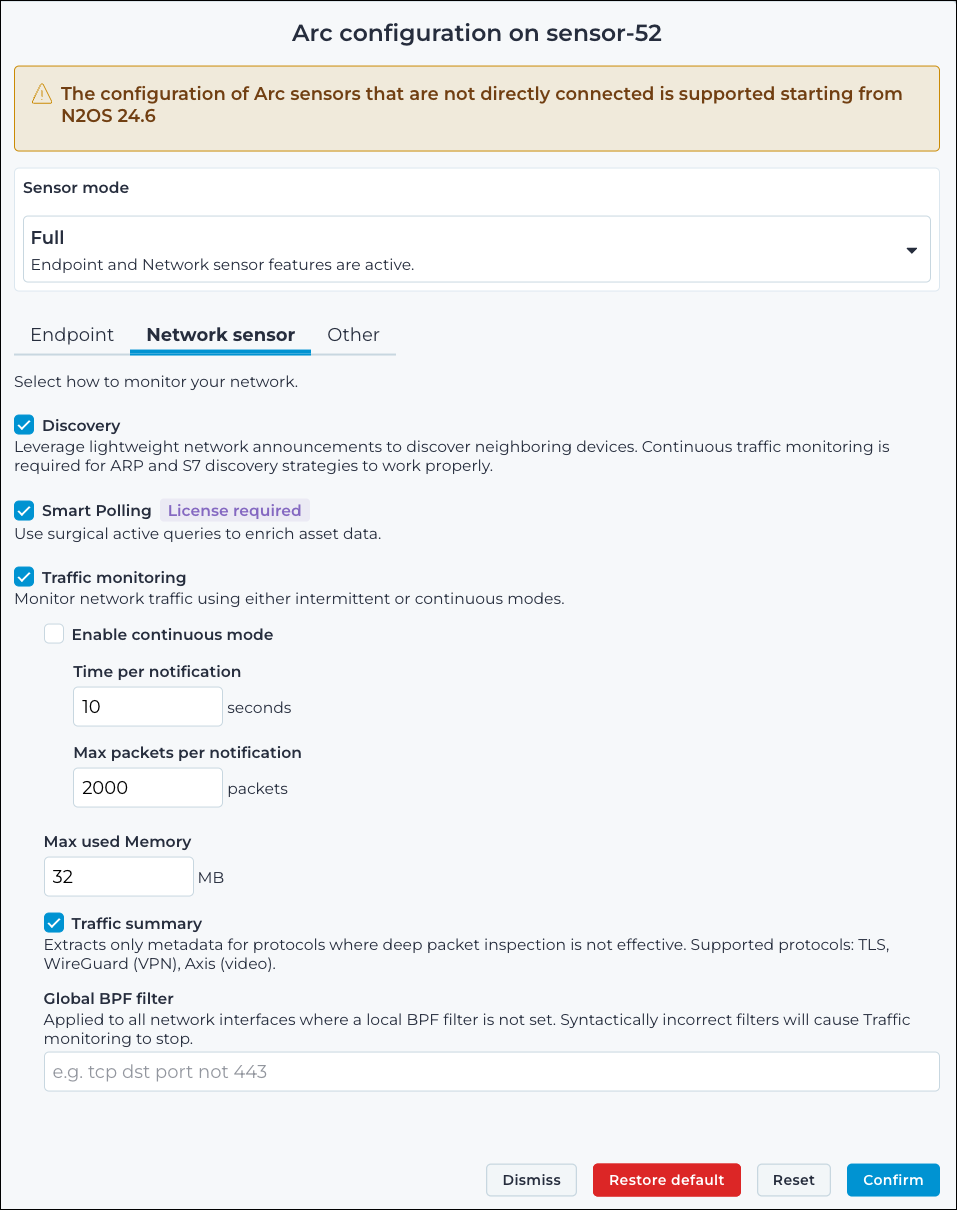 Network sensor tab of the Arc configuration dialog with checkboxes for Discovery and Smart Polling, a Traffic monitoring checkbox with continuous mode fields for time per notification, max packets per notification, and max used memory, a Traffic summary checkbox, and a Global BPF filter field