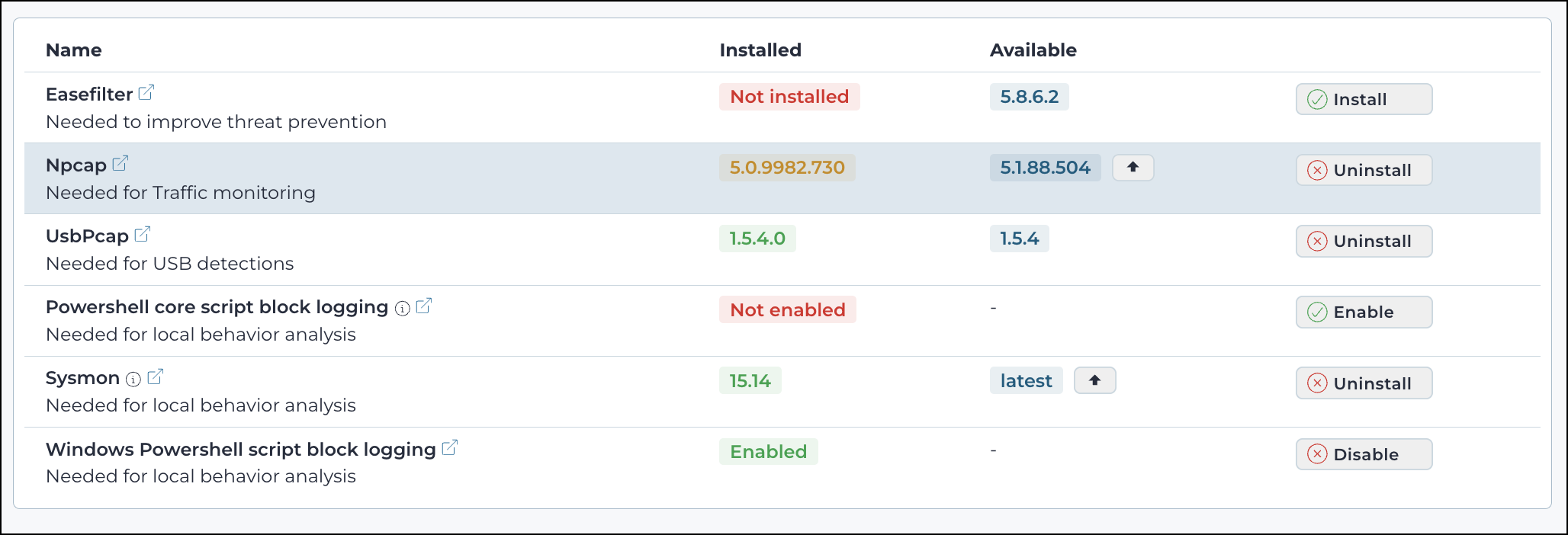 Arc dependencies list showing a table of dependencies with Install, Uninstall, Update, Enable, and Disable actions