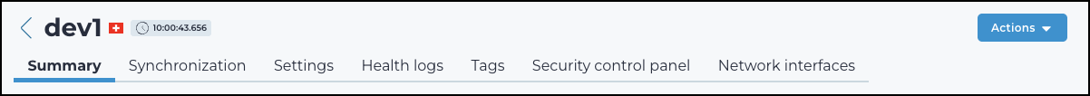 Details page showing tabs for Summary, Synchronization, Settings, Health logs, Tags, Security control panel, Network interfaces, Support archives, and Arc dependencies with an Actions dropdown