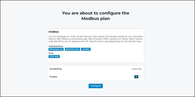 Configuration dialog for the Modbus Smart Polling plan, showing collected items such as firmware version, product name, and vendor, with options to define scheduling and scopes before selecting Configure