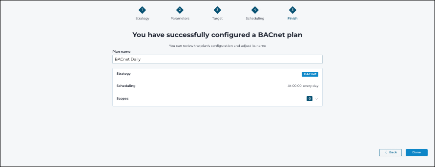 Finalize plan creation by setting scopes such as tags, sites, or sensors