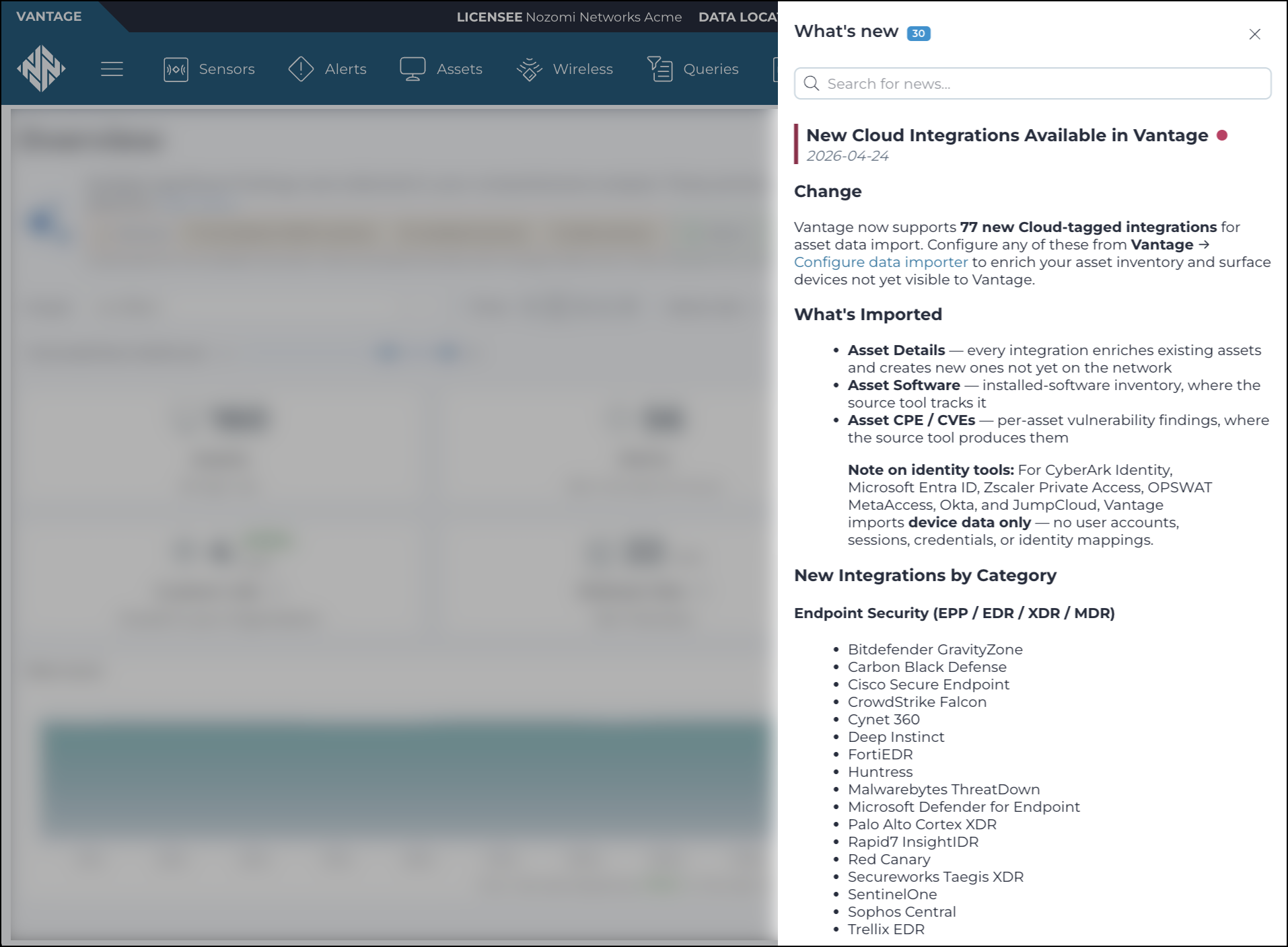 What's new drawer showing the heading, count badge, search bar, and a list of news entries with unread indicators