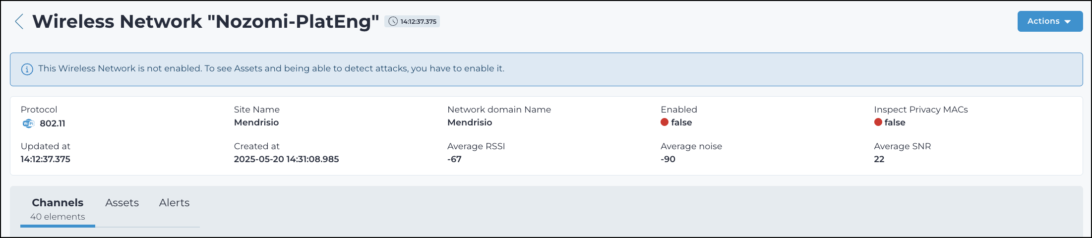 Wireless Network details page showing protocol, site name, domain name, enabled status, RSSI, noise, SNR, and tabs for channels, assets, and alerts