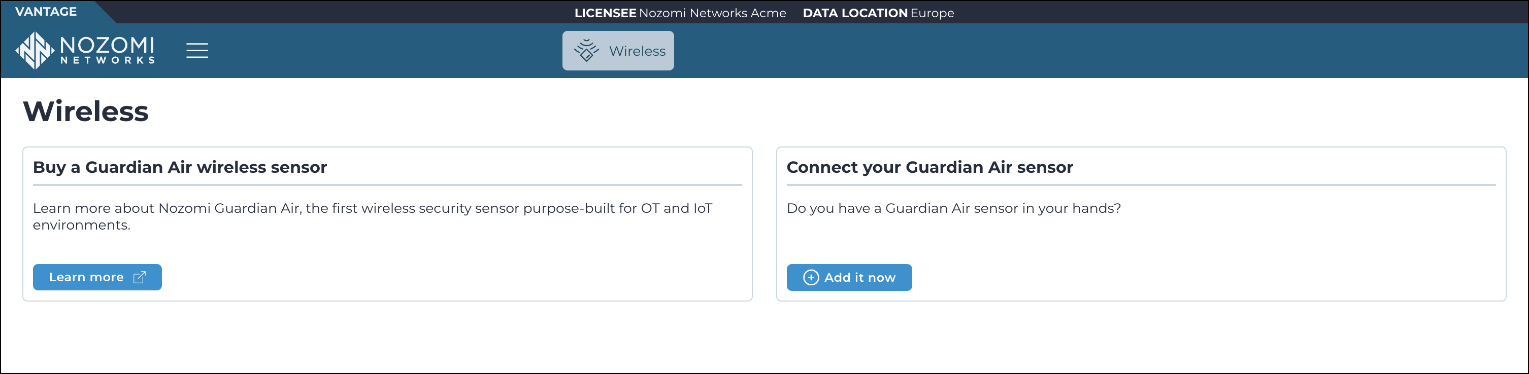 Wireless page (before a Guardian Air sensor has been added)